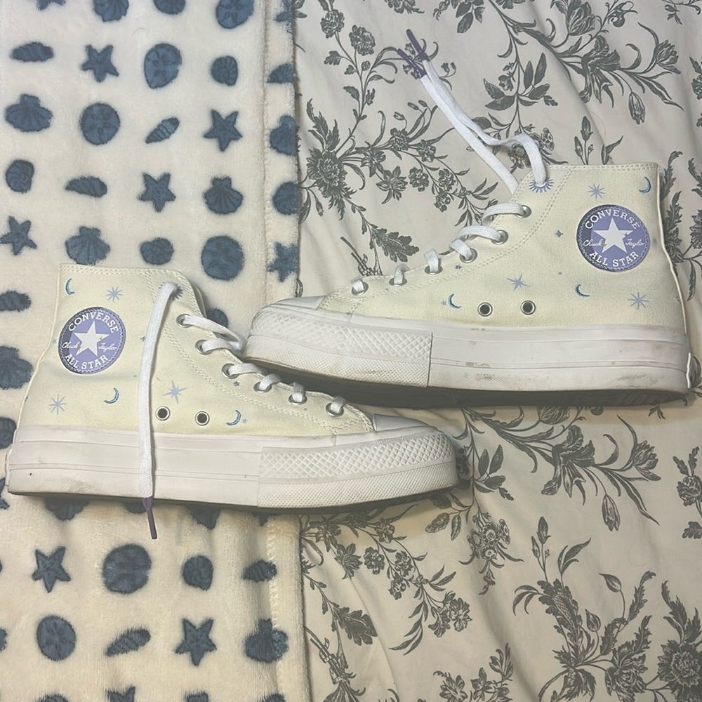 Converse Cream High-Tops with Blue Celestial Design (lightly worn)